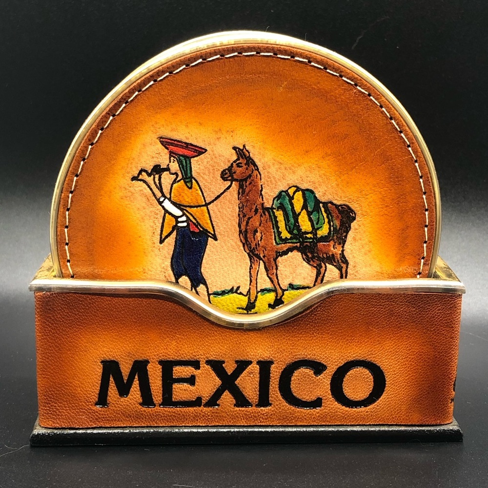 Leather Coaster Set Made In Mexico Inca Llama Hand Stitched 4” Diameter